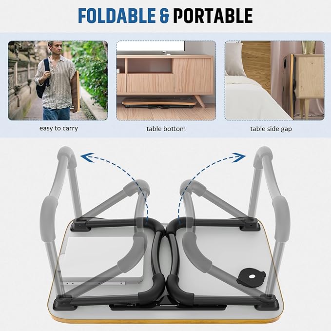Zapuno Foldable Laptop Bed Table Multi-Function Lap Bed Tray Table with Storage Drawer and Water Bottle Holder, Serving Tray Dining Table with Slot for Eating, Working on Bed/Couch/Sofa - Image 6