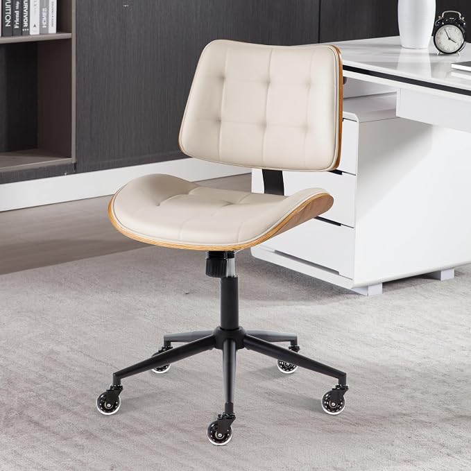 Home Office Desk Chair with Rubber Wheels, Armless Bentwood, Beige | Adjustable Height Armless Office Chair, PU Leather Mid Back 360°Small Computer Chair, No Arms Walnut Seating, 300LBS Support by BERYTH