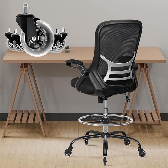 Drafting Chair Adjustable, Tall Office Chair Lumbar Support Ergonomic Standing Desk Chair Heavy Duty Tall Drafting Stool for Artists with Footrest Home Office Drafting Stool by HYLONE