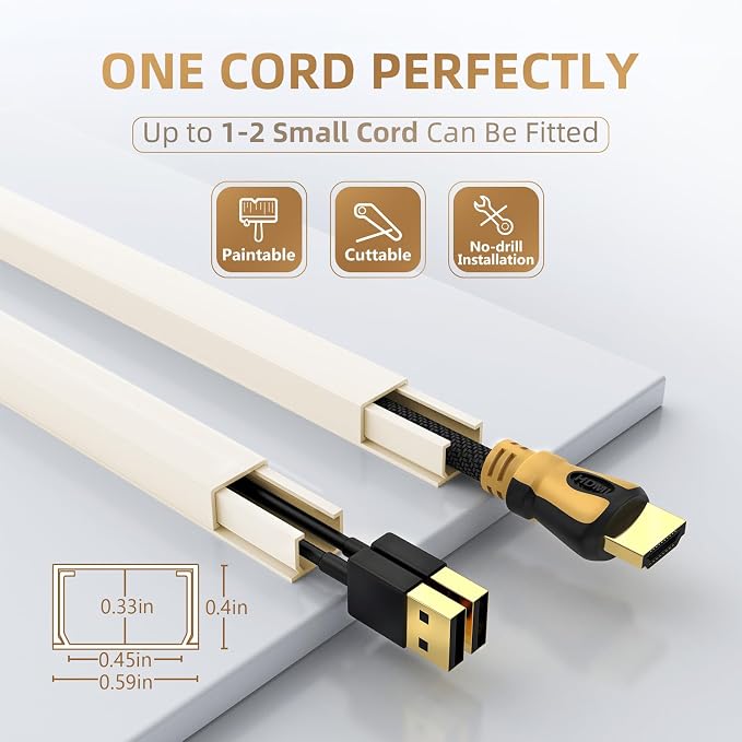 Delamu Beige Cord Hider, 85in Cord Covers for Wires on Wall, One-Cord Cable Hider, Wire Hiders Wire Covers for TV Cords on Wall, Easy Mount Cable Cover Management Kit, 6X L14.2 W0.59 H0.4in, Beige - Image 2
