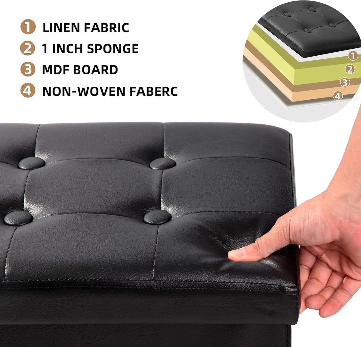ALASDO Storage Ottoman Footrest Stool Small Ottoman with Storage Foldable Ottoman Leather Foot Rest Footstool Bench for Living Room 17x13x13inches Black - Image 7