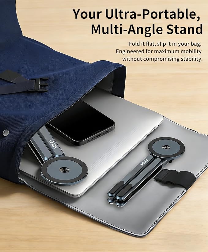 miley Laptop Stand for Desk, 8-Level Adjustable, Magnetic Phone Mount Gray | For 13–17 in laptops. Aluminum build, anti-slip support and fold-flat portability. Includes a magnetic ring and carry bag. - Image 6