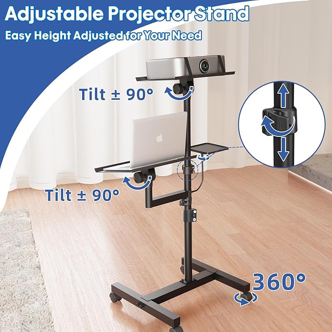 Projector Stand, 2 Shelves Mobile Laptop Cart with Adjustable 47" Height | top tray tilts 30°,4 quiet casters with 2 locks,sturdy H-beam steel frame,mouse tray included,for home,outdoor - Image 5