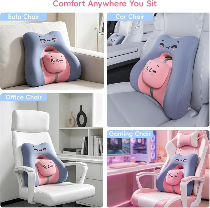 BEBAS Ergonomic Memoery Foam Lumbar Support Pillow for Car & Office, Blue | Back Support Cushion with Adjustable Bolster, Cute Cartoon Design, Breathable Washable Cover, Ideal for Driving, Office - Image 7