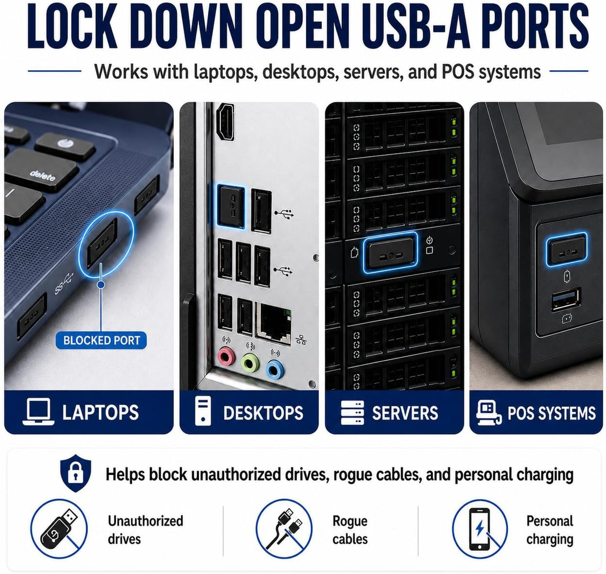 USB A Port Blockers 10 Pack, Two Point Zinc Alloy Locks, 1 Key, Black - Image 3