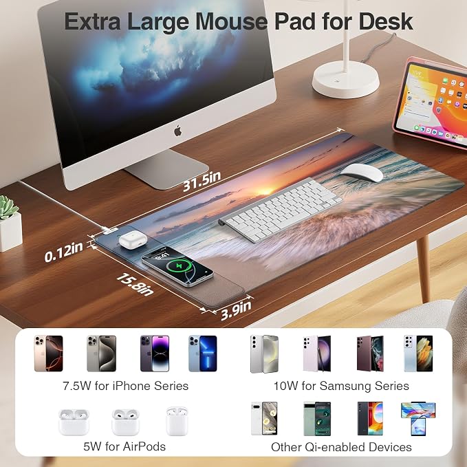 Mouse Pad with Magnetic Wireless Charging, 31.5"x15.8" in, Beach Sunset | Gaming Desk Mat for Keyboard/Laptop, Waterproof Easy Gliding Surface, Non-Slip Base, Durable Stitched Edge - Image 3
