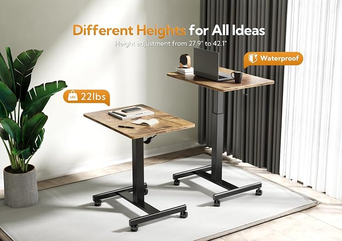 Claiks Mobile Rolling Desk Small Portable Laptop Cart on Wheels, 28" Brown | Rolling Adjustable Desk, Lockable Wheels, Gas Spring Lift, Side Hook, Easy Assembly - Image 4