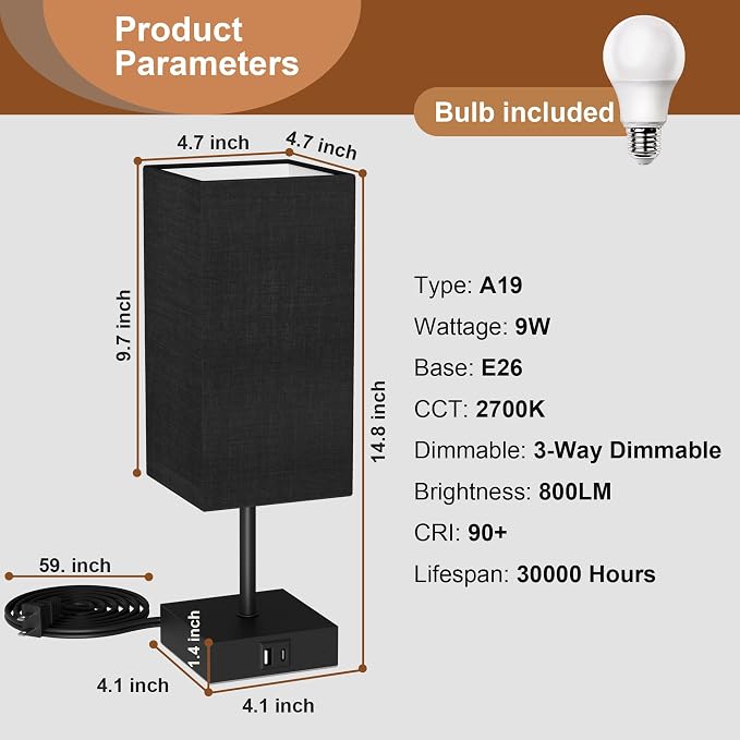 Touch Bedside Table Lamp for Bedroom, 14-Inch, Black, Set of 2 | USB A+C Ports, Touch 3-Way Dimmable LED Bulb Included Fabric Lampshade Metal Base Small Nightstand Lamp for Desk Living Room - Image 5