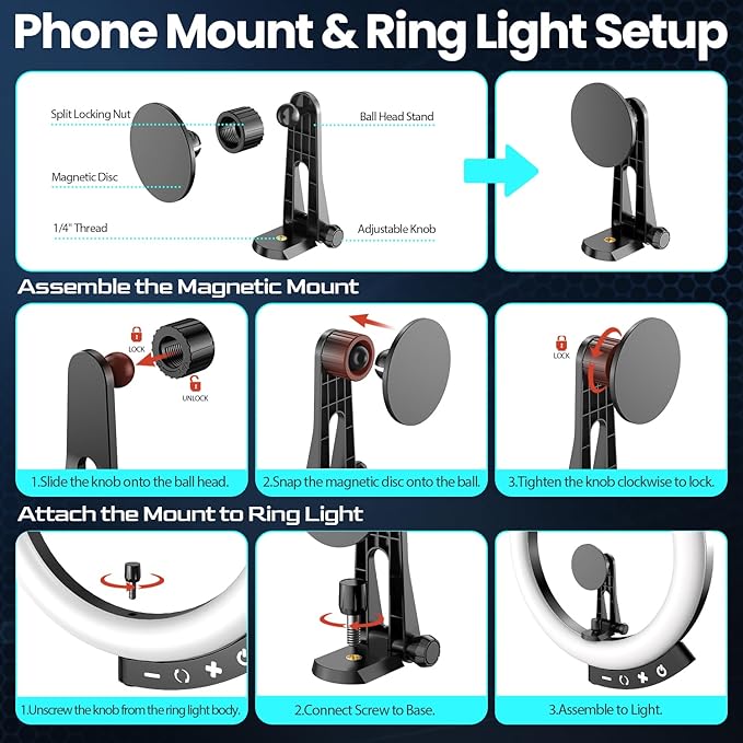 UBeesize 12'' LED Ring Light with 62'' Tripod Stand and Magnetic Phone Holder, Selfie Ring Light for Video Recording, Live Streaming, Compatible with iPhone & Android (Black) - Image 3