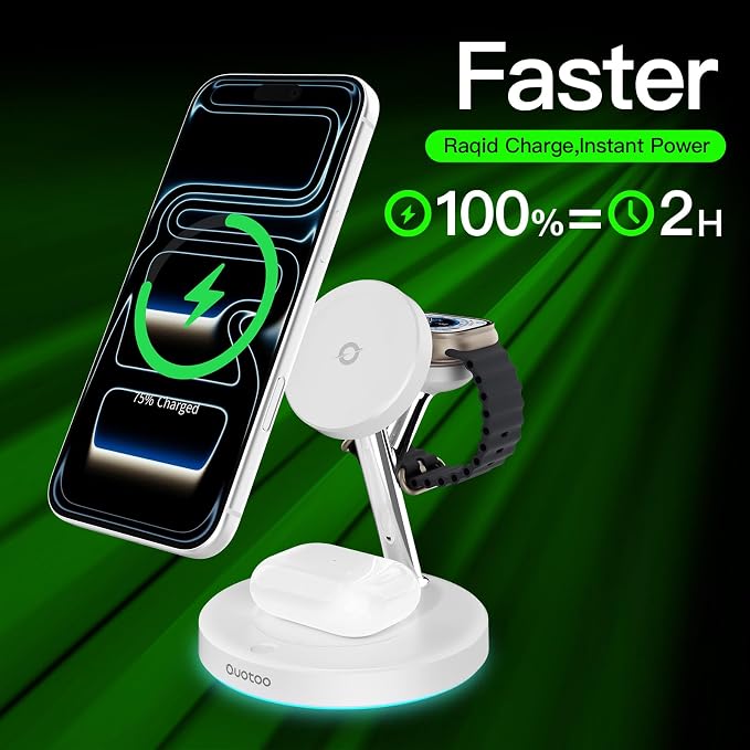 3 in 1 MagSafe Wireless Charger Stand for iPhone Apple Watch AirPods | Adjustable Blue Ambient Light,15W Magnetic Charging Station for iPhone 17 16 15 14 13 12 Series Wireless Charging Station - Image 2