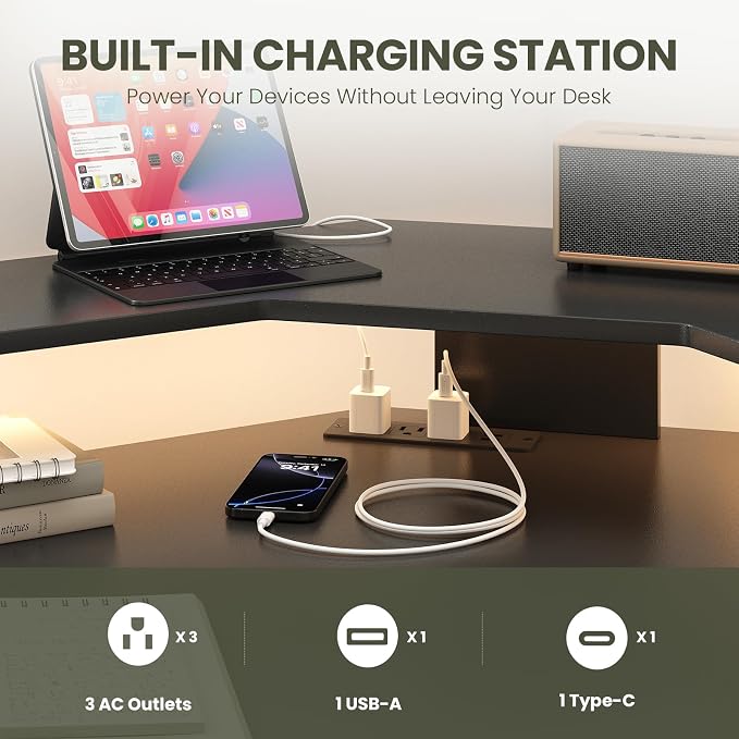 MALOL 59" L Shaped Electric Standing Desk with Drawers, Height Adjustable Desk with Power Outlets & LED Lights, Monitor Stand, Corner Computer Desk for Home Office, Black - Image 4