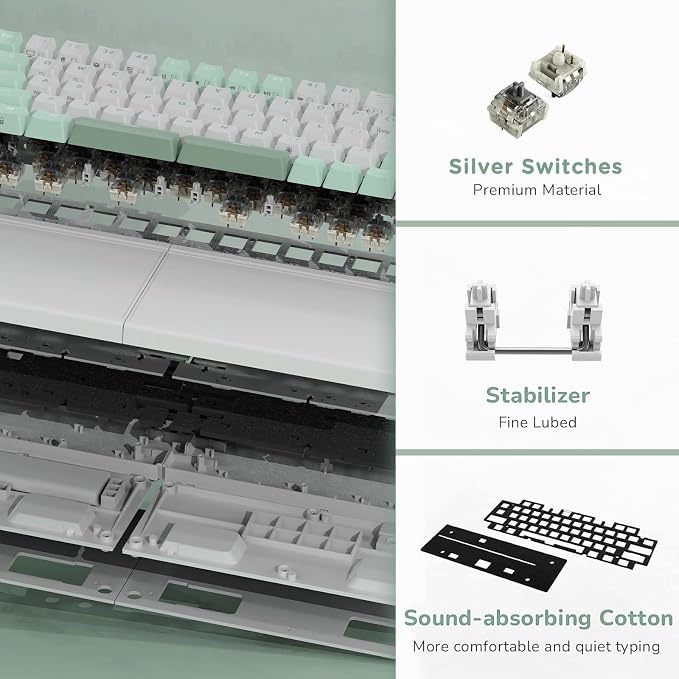 RK ROYAL KLUDGE S70 Ergonomic Split Keyboard, Linear Switch White | Wireless RGB Mechanical Keyboard with Bluetooth/2.4G/USB, 75% Hot Swappable Gaming Keyboards w/Fixed Wrist Rest, PBT Keycaps - Image 8