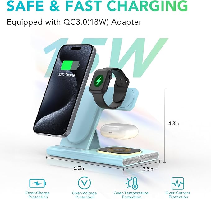 3 in 1 Foldable Wireless Fast Charging Station for Apple Multiple Devices | iPhone Charging Station for iPhone 17, Travel iWatch Charger Stand, Light Nightstand Charging Dock for Apple Watch/Airpods - Image 4