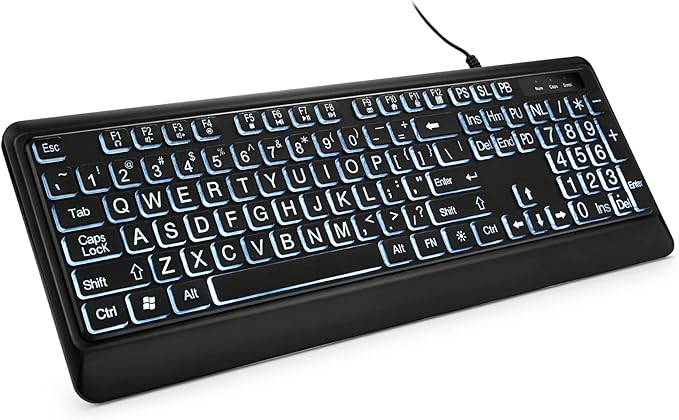 KOPJIPPOM Large Print Backlit Keyboard, USB Wired Computer Keyboard, Full Size Keyboard with White Illuminated LED Compatible for Windows Desktop, Laptop, PC, Gaming, Black by KOPJIPPOM