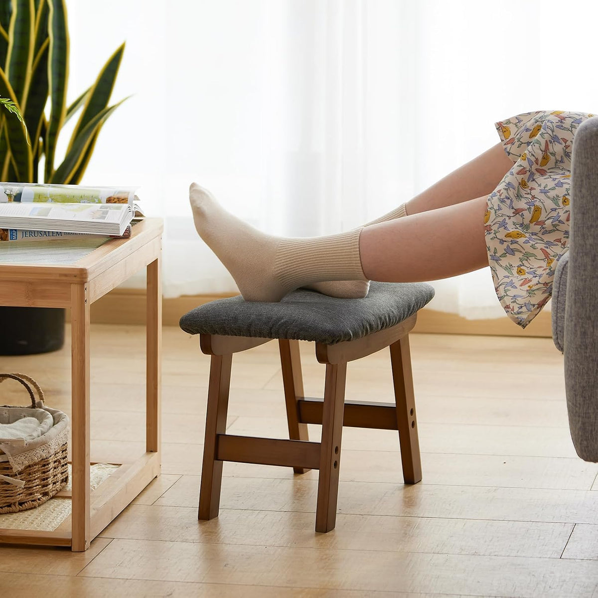 Foot Stool Ottoman Foot Rest Under Desk,Small Stool for Living Room, Bedroom and Kitchen (Brown Legs - Gray Stool Surface) - Image 3