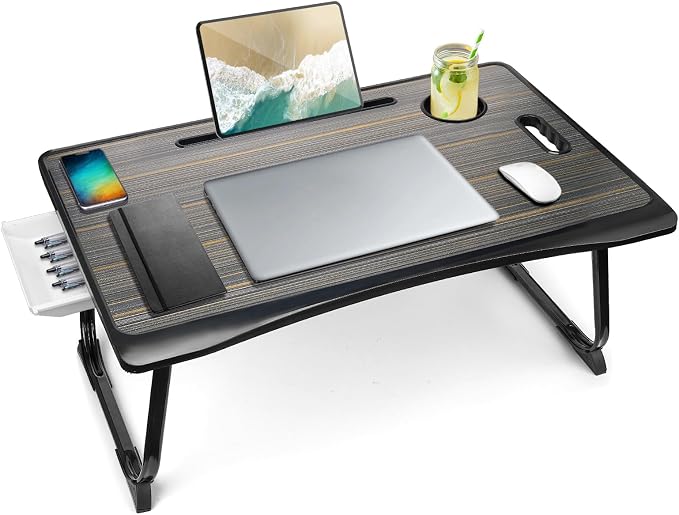 Amaredom Laptop Bed Desk Tray Bed Table, Foldable Portable Lap Desk with Storage Drawer and Cup Holder for Eating Breakfast on Bed/Couch/Sofa-Black by AmaredomHome