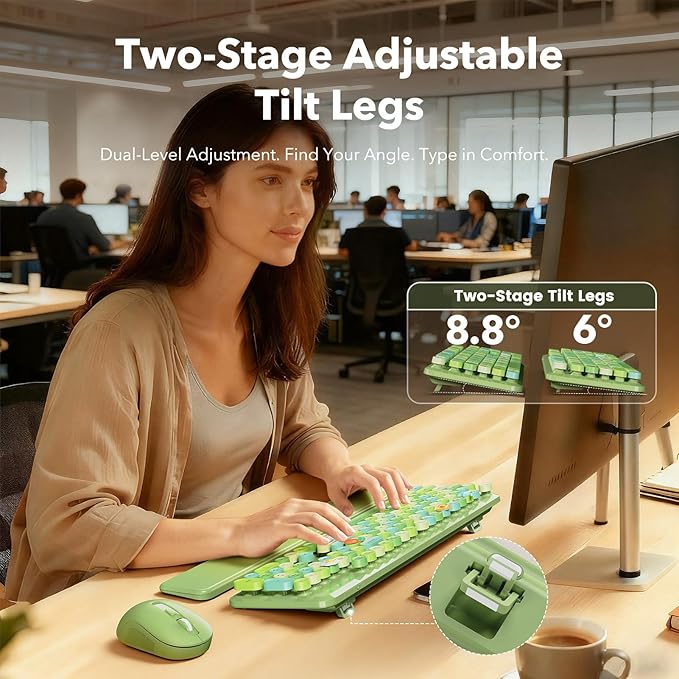 Wireless Keyboard and Mouse Combo, Cute Retro Typewriter Keyboard with Round Keycaps and Magnetic Wrist Rest, Full-Size 2.4GHz Cordless for Mac, Windows PC, Laptop, SABLUTE CK23, Green Multi-Color | Full-Size Typewriter-Style Keyboard, Tilt Legs, 2.4GH... - Image 4