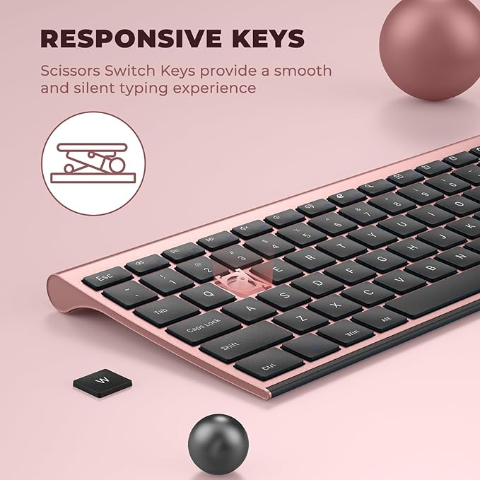 Vssoplor Wireless Keyboard and Mouse, Rechargeable Ultra Slim, Rose Gold | Quiet Full-Size Keyboard and Mouse Combo Set, for Laptop, PC, Notebook, Desktop, 2.4GHz Stable Connection, Ideal for Office - Image 6