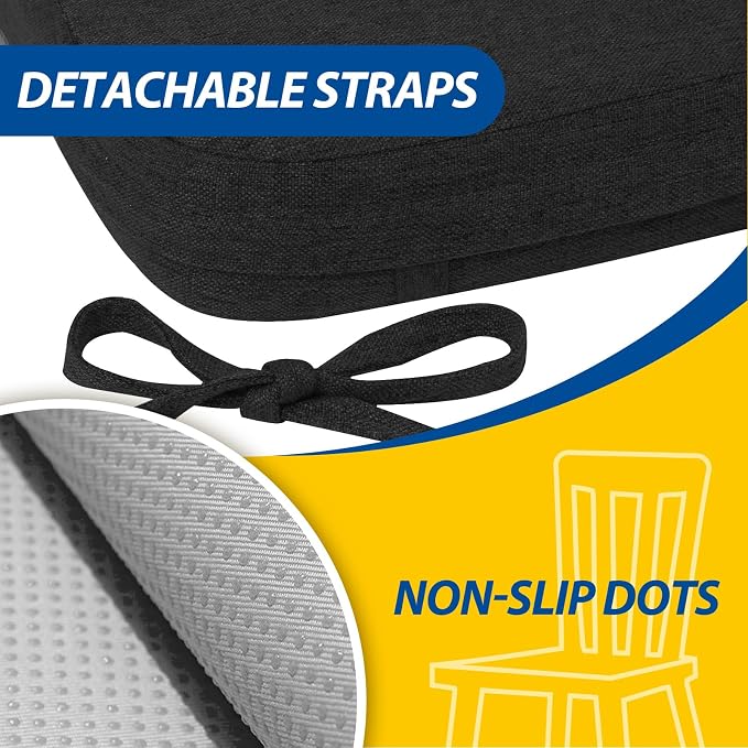 AAAAAcessories D-Shaped Chair Cushions, 2" Thick Dining Chair Pads with Ties and Removable, Machine-Washable Cover, 17" x 16", Set of 4, Black - Image 5