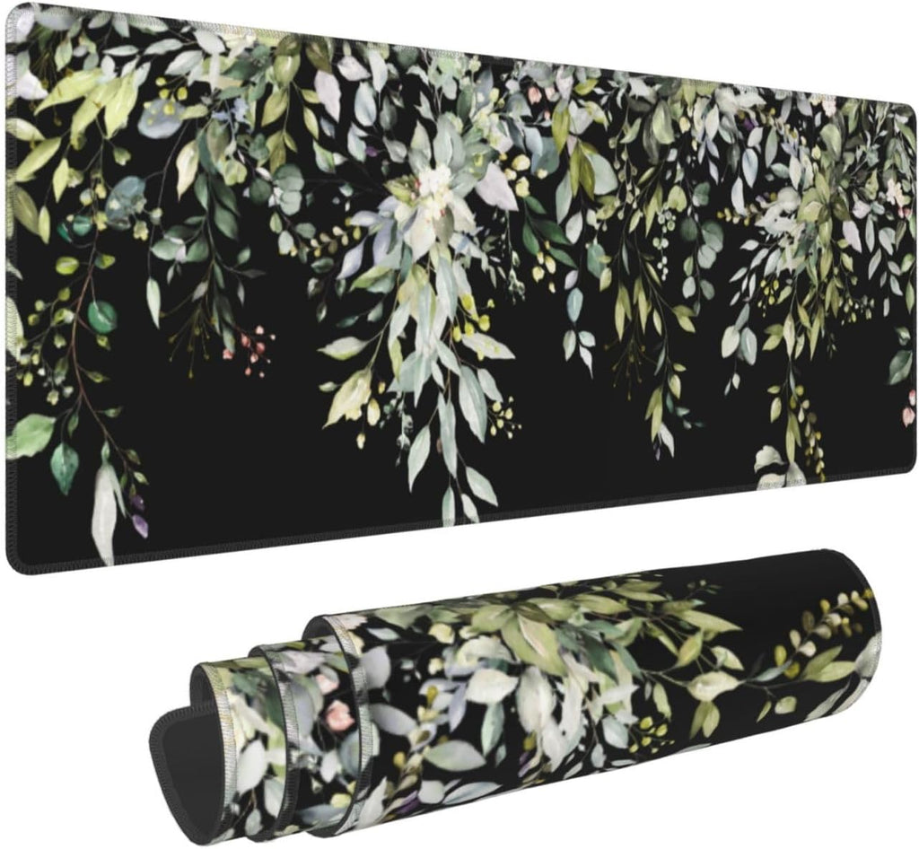 Sage Green Leaves Mouse Pad 31.5x11.8in Floral Black Gaming Mouse Pad Vintage Aesthetic Desk Pad Extended Large Desk Mat Non-Slip Rubber Base Stitched Edge Long Keyboard Mousepad for Computer Laptop by Granbey