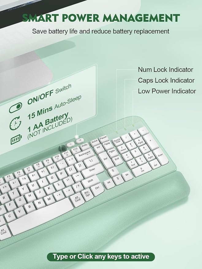 EAYBLLY 2.4G Wireless Ergonomic Keyboard, Full Size Wave Keys with Memory Foam Wrist Rest & 7.28in Phone Holder, USB-C Adapter Included for Windows Mac Chrome OS, Office or Home (Mint Green) - Image 7