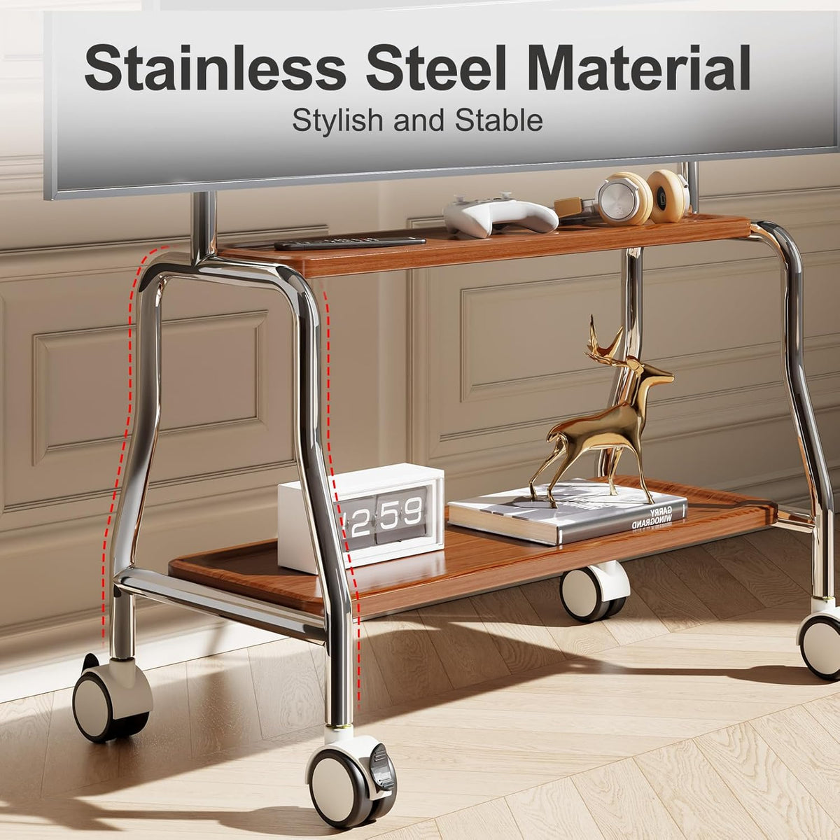 Easel Rolling TV Stand for 32-75" TVs, Stainless Steel TV Cart with Shelf - Image 7