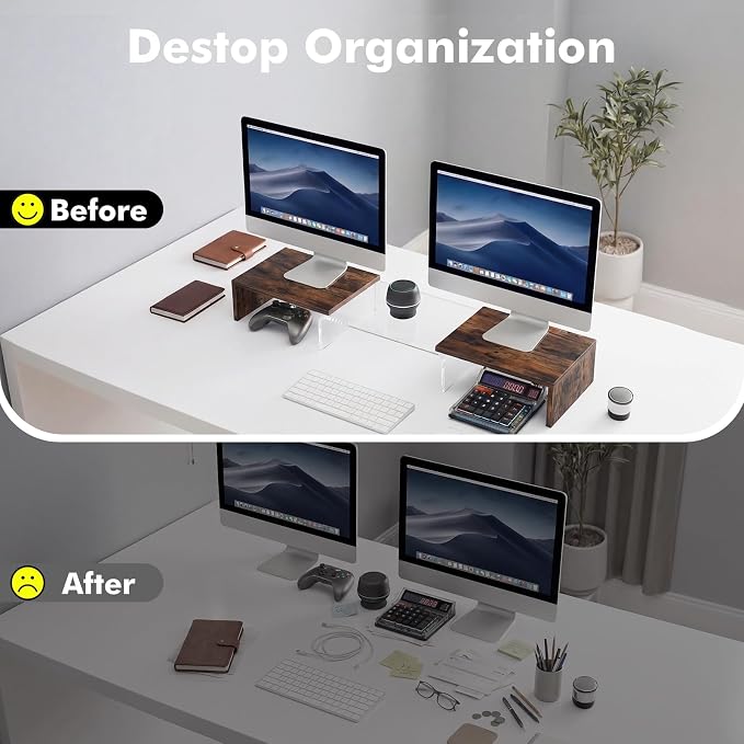 Dual Monitor Riser, Acrylic Monitor Riser with Keyboard Storage, Adjustable Angle & Length Computer Monitor Stand, Wide Desk Shelf for Top of Desk for Home Office_Wood Look - Image 6