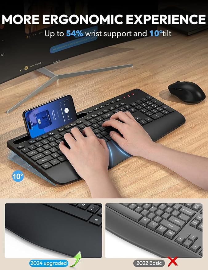 Wireless Keyboard and Mouse Combo, 2 Pack, Ergonomic Wrist Rest | 2.4G Lag-Free, Phoe Holder, 3 Level DPI, Silent Typing, Batteries Powered, KM23D Full Size Set for Computer, Laptop, Windows - Image 2