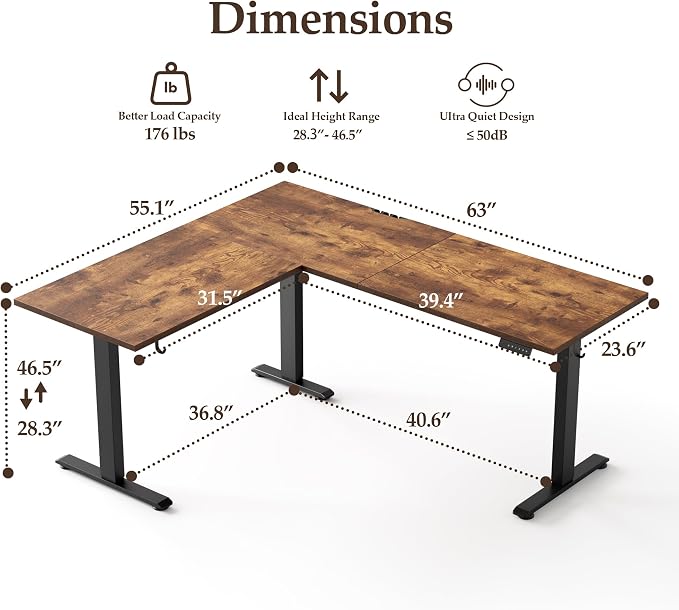 Klicelor L Shaped Standing Desk 63 x 55.1 Inch Dual Motors, Electric Height Adjustable Corner Desk for Home Office Workstation, Ergonomic Sit Stand Computer Table with Memory Controller, Rustic Brown - Image 3