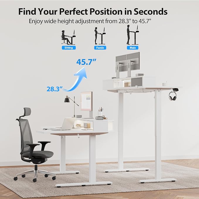 Agilestic 63*35 Inch L Shaped Standing Desk with Shelf & Led& Outlet, White | Outlets&Led, Monitor Shelf, L-shape Workspace, Sturdy Steel Frame, Memory Preset, Hooks, 154 lbs, Easy Assembly, Splice Board - Image 8
