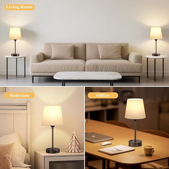 Brown Bedside Lamps Set 2 for Bedroom - Dimmable Touch, USB C+A, AC Outlet | 14.5" Mini Lamp, 3-Way Dimmable, LED Bulbs Included, Cream Barrel Fabric Lampshade, Nightstand Light for Guest Room, Kids - Image 8