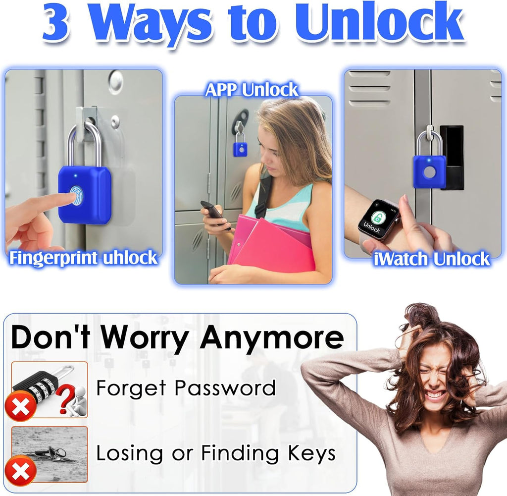 Fingerprint Padlock, Smart Padlock, Locker Lock, Fingerprint Lock with APP Unlock, USB Rechargeable, Suitable for Gym Locker, Locker(Sapphire Blue) - Image 2