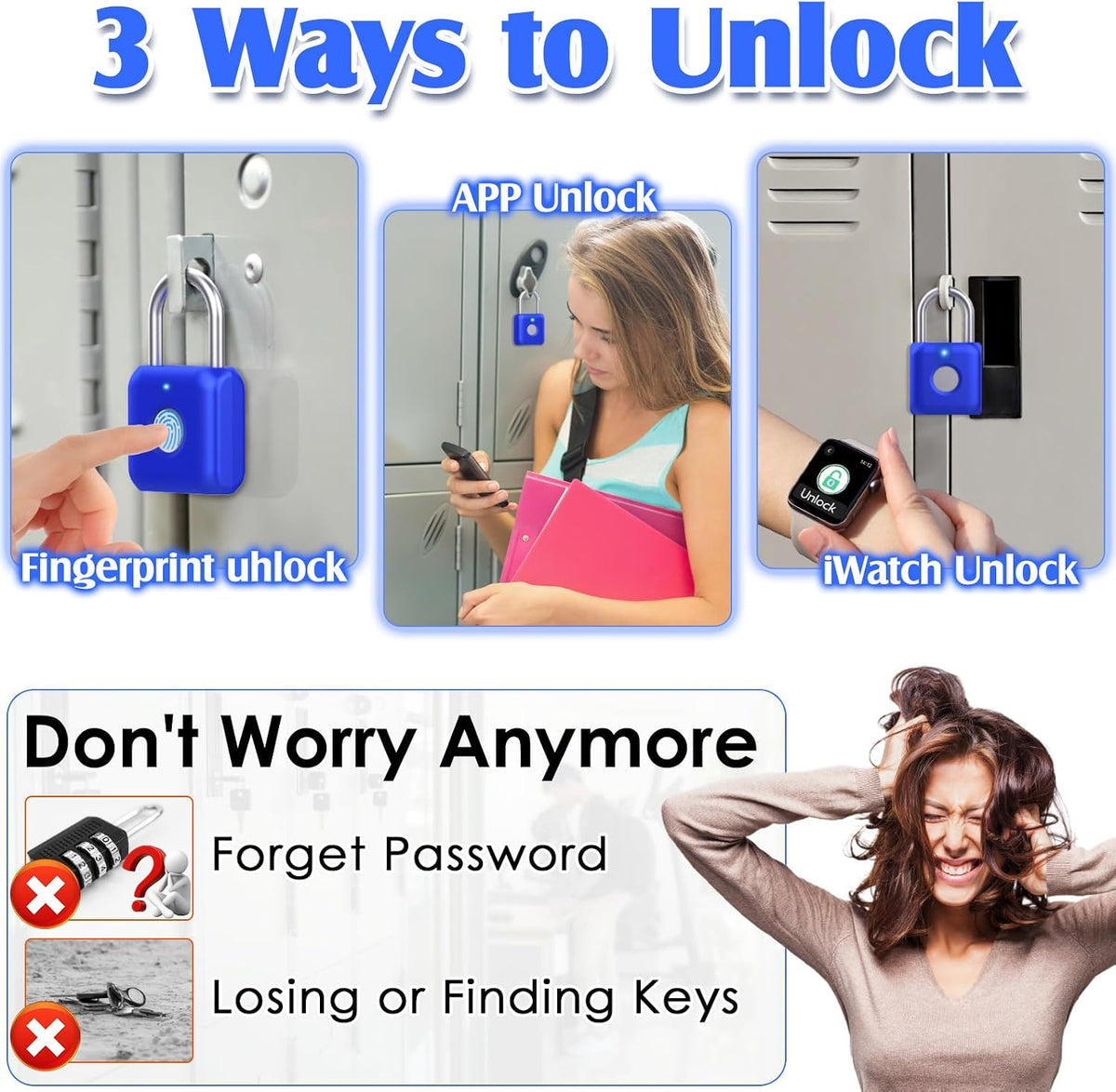 Fingerprint Padlock, Smart Padlock, Locker Lock, Fingerprint Lock with APP Unlock, USB Rechargeable, Suitable for Gym Locker, Locker(Sapphire Blue) - Image 2