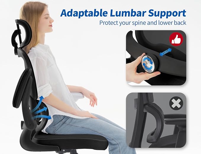 TRALT Ergonomic Office Chair Desk Chair with Adjustable Lumbar Support | Home Office Desk Chairs with Flip-up Armrests & 3D Headrest - Mesh Gaming Chair for Adults, 330lbs, PU Leather (Black, 6) - Image 5