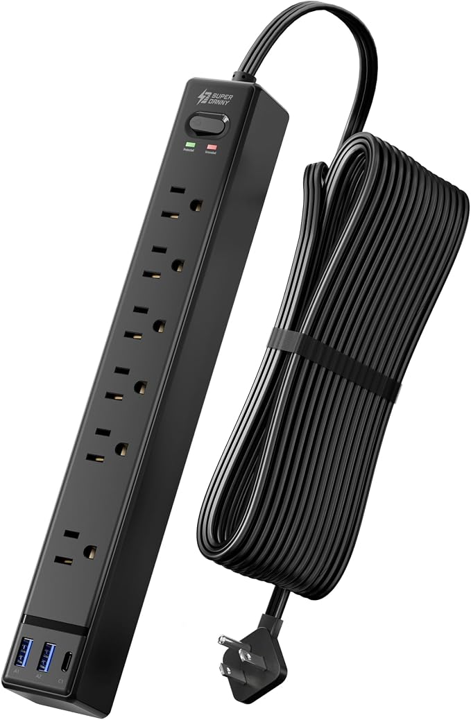 15Ft Long Extension Cord, SUPERDANNY Flat Plug Surge Protector Power Strip | 6 Outlets & 3 USB, Flat Plug Power Strip Wall Mountable, Desk Charging Station for Home, Office, College Dorm Room Essentials by SUPERDANNY