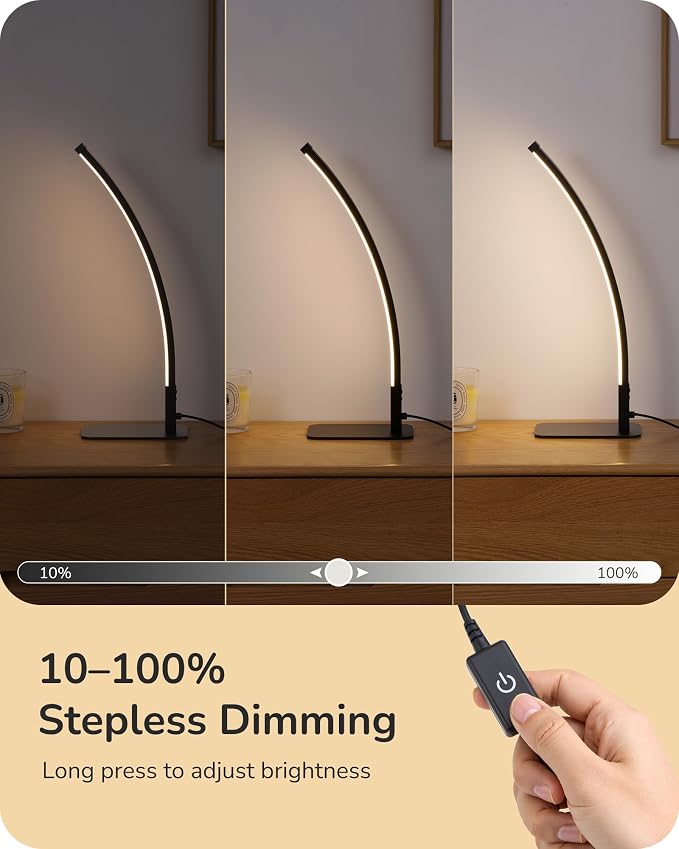 EDISHINE Curved LED Table Lamp, Modern Bedside Lamps for Bedroom, Black | 3 Color Temperature & Stepless Dimming, Aluminum & Iron, Silicone Lampshade, Ideal for Living Room, Office - Image 5