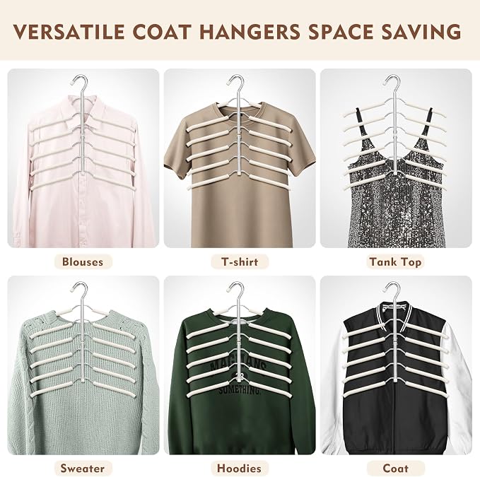 Space Saving Clothes Hangers,6 Tier Non Slip Shirt Hangers Closet Organizer | Space Saving Coat Hanger with Foam Padding,Closet Organizers and Storage for Shirts, Sweaters, Jackets,2 Pack,Beige - Image 7