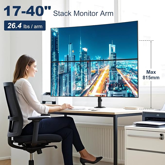 Dual Monitor Mount for 17-40'', Holds up to 26.4 lbs/arm | Vertical/Parallel Placement Monitor Desk Arms for 2 Monitors, with Clamp/Grommet Base, VESA Mount 75/100 mm - Image 2