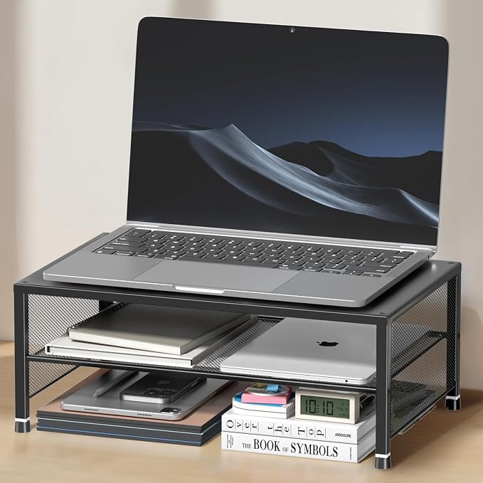 2-Tier Computer Monitor Stand Riser, Laptop Stand for Desk, Desk Organizer for Office, Home and School Supplies, Black by OPNICE