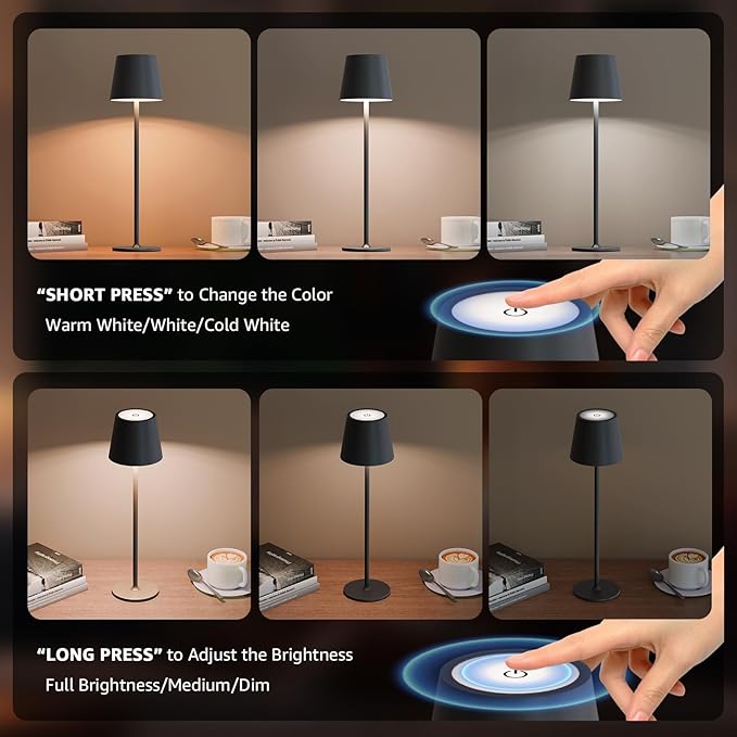 uuffoo 2 Pack Cordless Table Lamp Rechargeable 5000mAH Battery Operated Lights Touch Control LED Portable Desk Lamps 3 Color Dimming for Outdoor Coffee Bedroom Kitchen (Black) - Image 4
