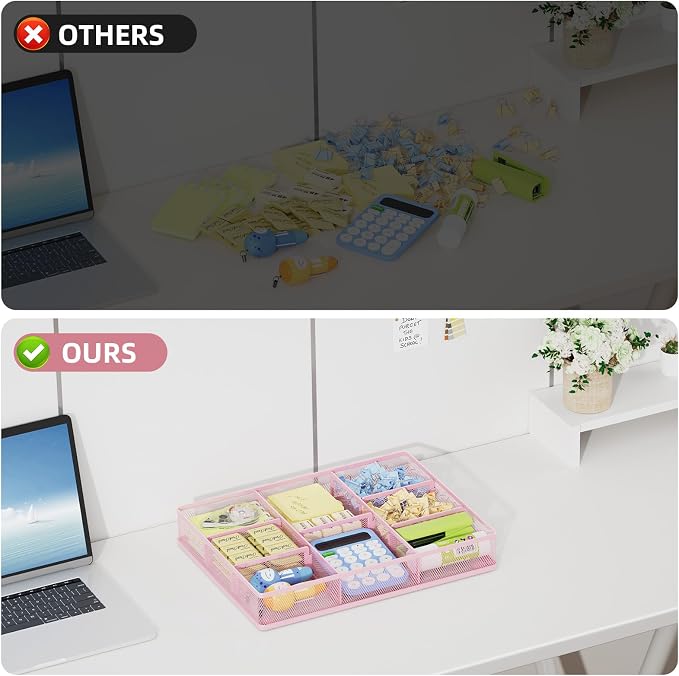 Marbrasse Pink Desk Drawer Organizer, Metal Mesh Drawer Organizer Tray with 5 Adjustable Compartments,Desk Organizers and Accessories for Home,Office,Kitchen,Makeup,Vanity (Pink) - Image 6