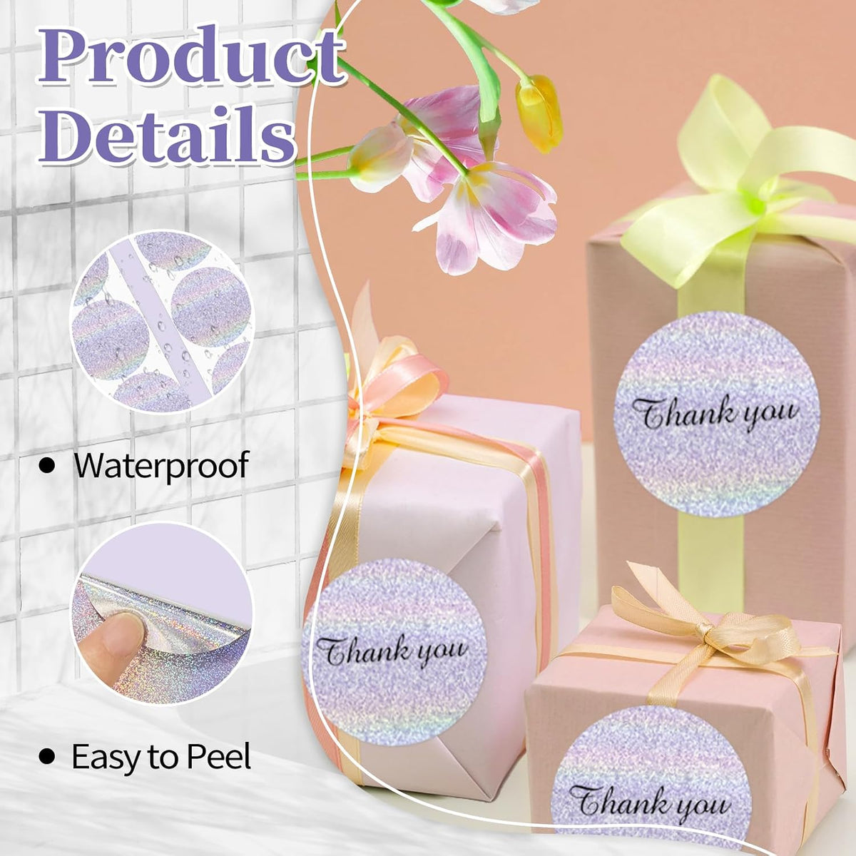 3 Inch Holographic Thermal Labels,Round Thermal Printer Labels,Waterproof Thermal Printer Stickers for DIY Logo Design,Name Tag,QR Code,Thanks Card 150 Labels/Roll (Purple dots) - Image 3