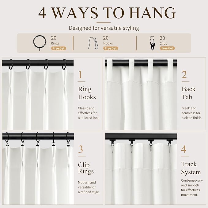 Hokibero Ivory Pinch Pleated Linen Curtains 120 Inch Long for Living Room | White Light Filtering Semi Sheer Curtain,Back Tab Hooks Rings,Farmhouse Textured Privacy Drapes for Bedroom Window,2 Panels - Image 4