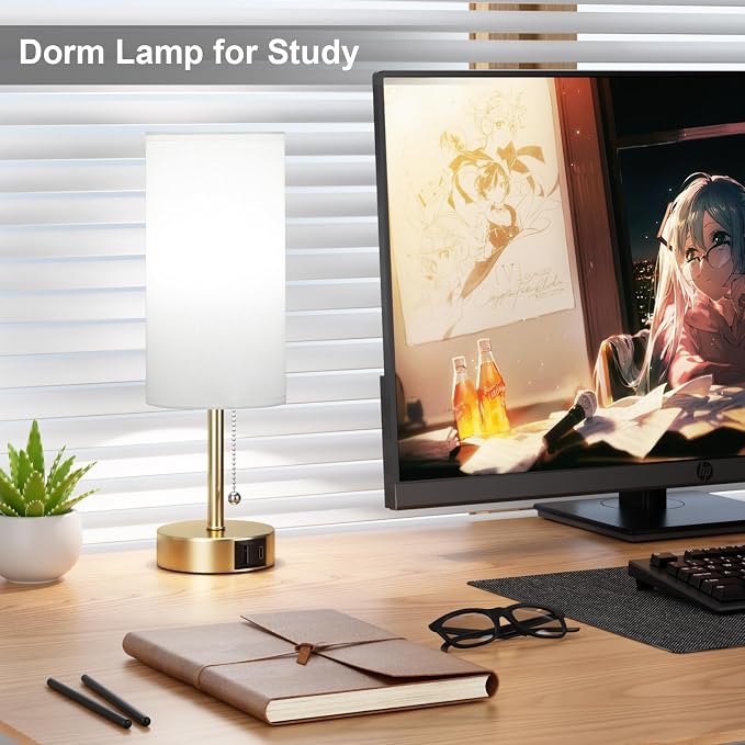 Gold Bedside Lamp for Bedroom Nightstand - Small Table Lamp with USB Ports | USB A+C Ports, 3 Color Temperatures, LED Bulb Included, White Fabric Shade, Gold Brass Metal Base, 14" Tall Desk Lamp - Image 4