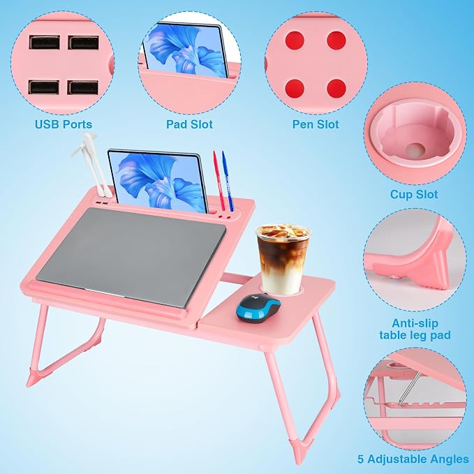 Laptop Bed Desk, Adjustable Lap Desk, Small Laptop Table with USB Charge Port, Desktop Card &Pen Slot, Cup Holder, Foldable Bed Tray Table for Couch Sofa Chair Floor Eating Working - Image 3