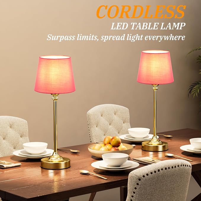 Cordless Table Lamps Rechargeable Set - 2 Pack Brass 4000mAH Battery Operated Lamps for Decor, 3000K Stepless Dimming Touch Control Wireless Lamps for Bedroom, Dining Table, Living Room, Rose Shade - Image 4