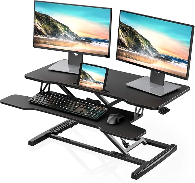 FITUEYES Height Adjustable Standing Desk 36” Wide Sit to Stand Converter | Standing Desk Converter,Stand Up Desk Riser,for Laptop Dual Monitor Riser,Tabletop Workstation for Home Office,Easy Assembly by FITUEYES
