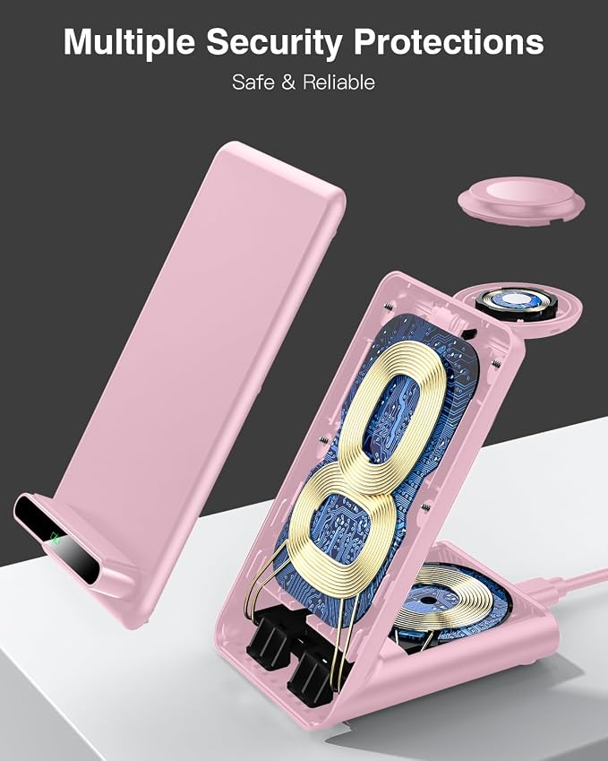 Wireless Charging Station,3 in 1 Charging Stand for Apple Multiple Devices | Fast Wireless Charger for Apple Watch Ultra 11 10 9 8 7 6 SE 5 4 3, for iPhone 17/Air/16/15/14/13/12,for AirPods Pro(Pink) - Image 4