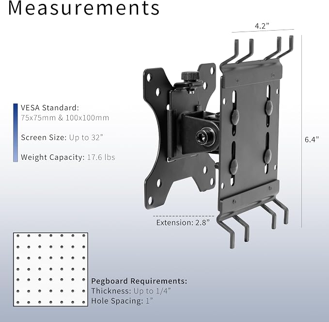 VIVO Articulating Single Monitor Pegboard Mount, Fits Screens up to 32 inches and Peg Boards up to 0.25 inches Thick with 1 inch Hole Spacing, Black, Mount-PB1 - Image 3