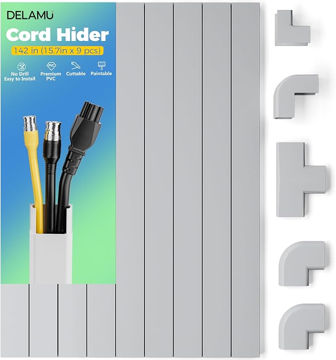 Delamu 142in Grey Cord Hider Cable Hider, Cord Covers for 2-3 Wires on Wall, Premium Wire Hiders Wire Covers for Cords on Wall, Easier Setup TV Cable Cover Management Kit, W0.94 H0.47in, Grey by DELAMU